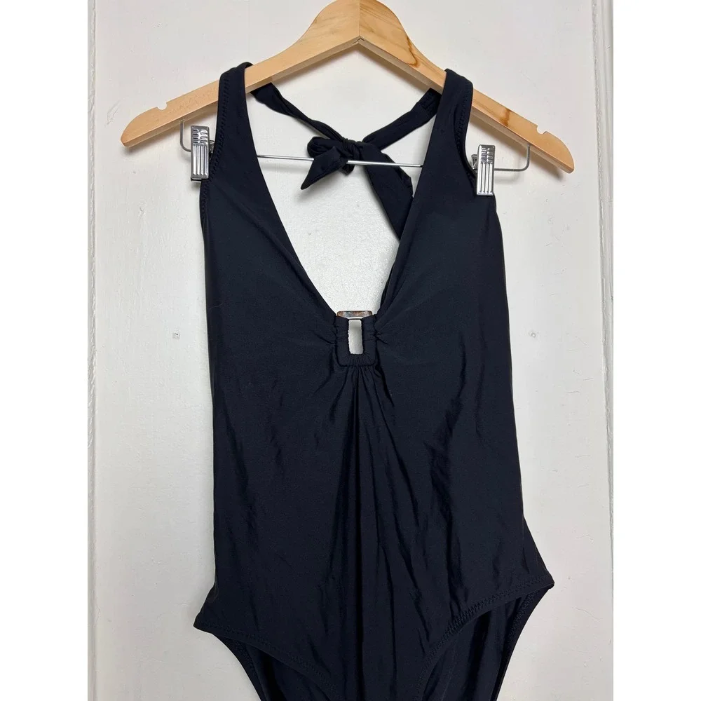 Helen Jon Womens Halter One Piece Swimsuit Black‎ Tortoise Ring Detail Size L